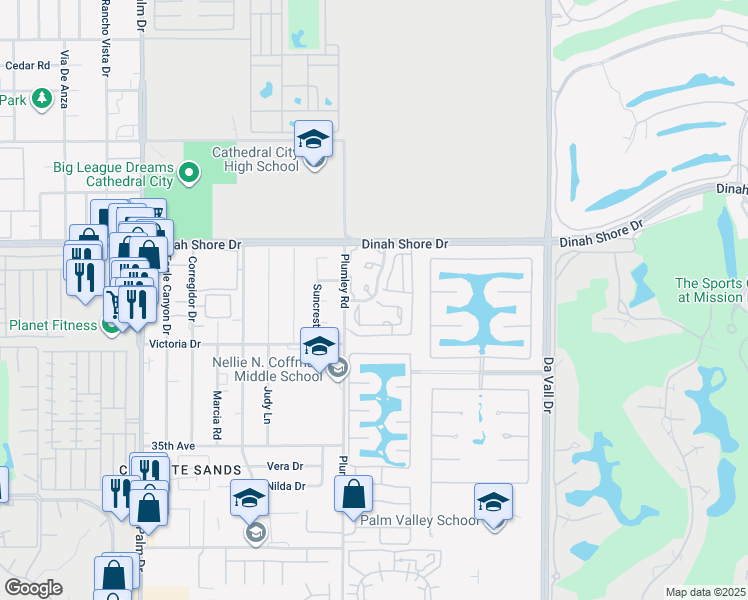 map of restaurants, bars, coffee shops, grocery stores, and more near 69580 Heather Way in Rancho Mirage