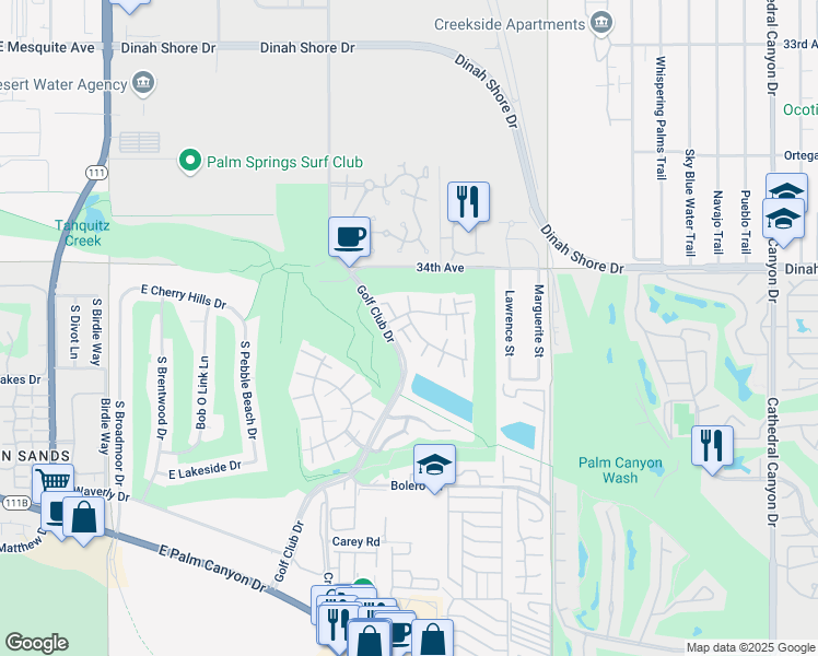 map of restaurants, bars, coffee shops, grocery stores, and more near 5951 Montecito Drive in Palm Springs