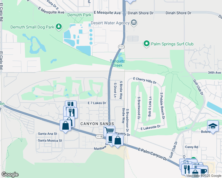 map of restaurants, bars, coffee shops, grocery stores, and more near 1987 South Divot Lane in Palm Springs