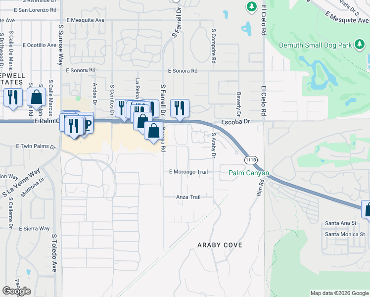 map of restaurants, bars, coffee shops, grocery stores, and more near 2701 Pintura Circle East in Palm Springs