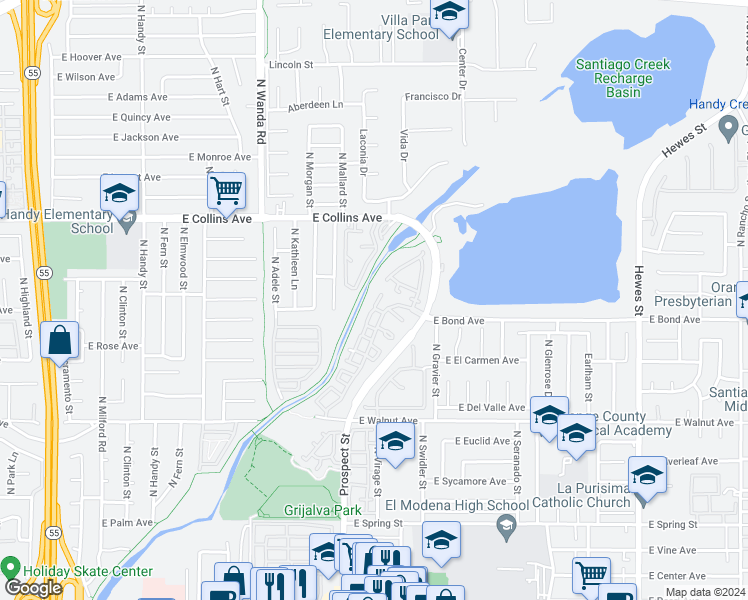map of restaurants, bars, coffee shops, grocery stores, and more near 3418 East Lambeth Court in Orange