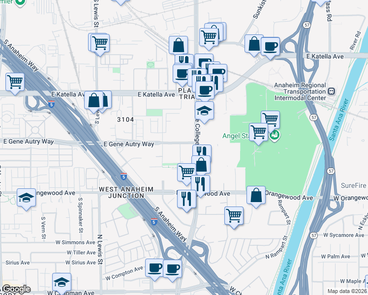 map of restaurants, bars, coffee shops, grocery stores, and more near 1910 East Gene Autry Way in Anaheim