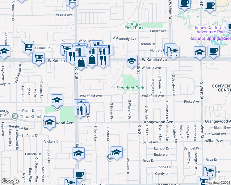 map of restaurants, bars, coffee shops, grocery stores, and more near 1577 West Wakefield Avenue in Anaheim