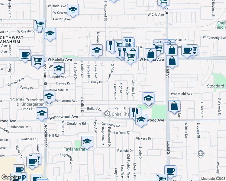 map of restaurants, bars, coffee shops, grocery stores, and more near 11242 Palmwood Drive in Garden Grove