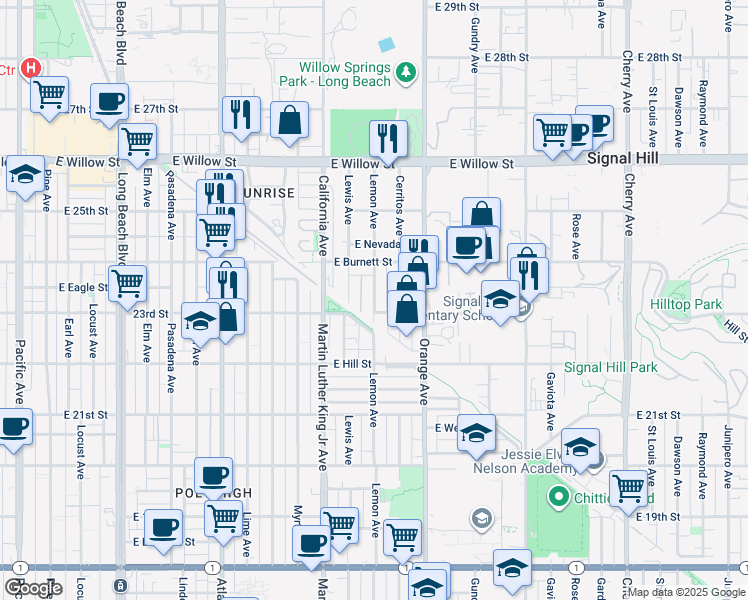 map of restaurants, bars, coffee shops, grocery stores, and more near 2325 Lemon Avenue in Signal Hill