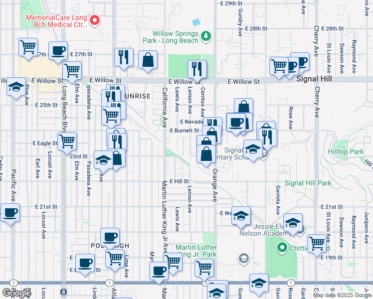 map of restaurants, bars, coffee shops, grocery stores, and more near 2325 Lemon Avenue in Signal Hill