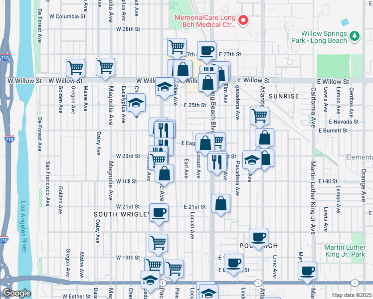 map of restaurants, bars, coffee shops, grocery stores, and more near 154 East Eagle Street in Long Beach