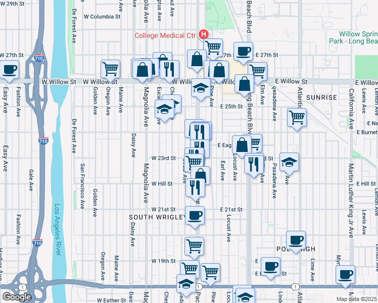 map of restaurants, bars, coffee shops, grocery stores, and more near 2333 Pacific Avenue in Long Beach