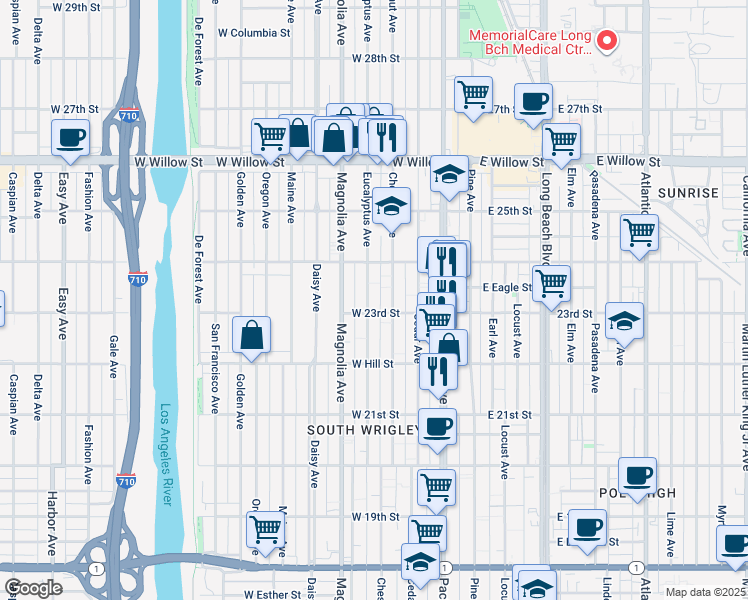 map of restaurants, bars, coffee shops, grocery stores, and more near 2322 Eucalyptus Avenue in Long Beach