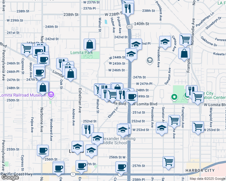 map of restaurants, bars, coffee shops, grocery stores, and more near 1803 248th Street in Lomita