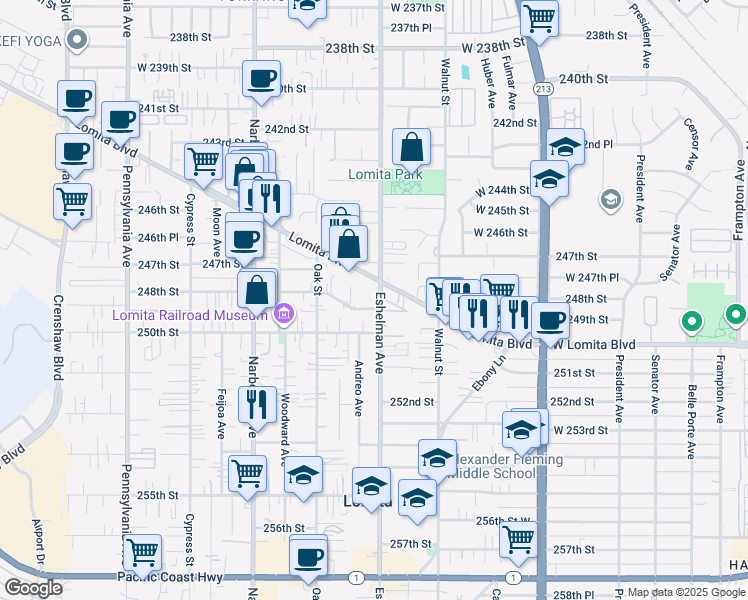 map of restaurants, bars, coffee shops, grocery stores, and more near 2027 248th Street in Lomita