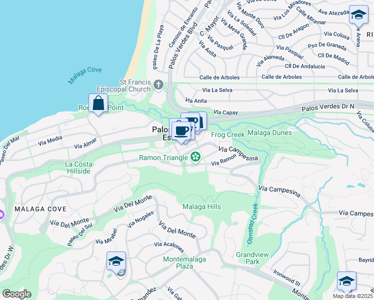 map of restaurants, bars, coffee shops, grocery stores, and more near 2413 Vía Campesina in Palos Verdes Estates