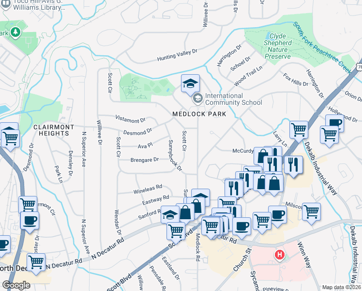 map of restaurants, bars, coffee shops, grocery stores, and more near 761 Scott Circle in Decatur
