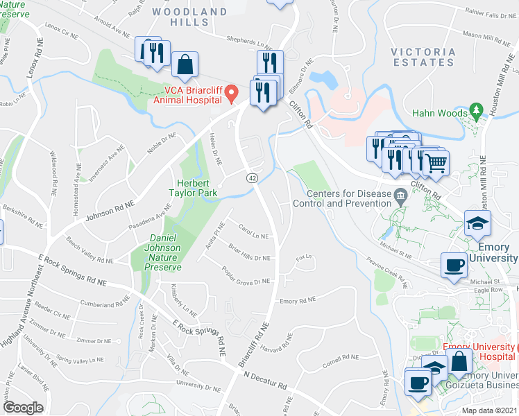 map of restaurants, bars, coffee shops, grocery stores, and more near 774 Briar Park Court Northeast in Atlanta