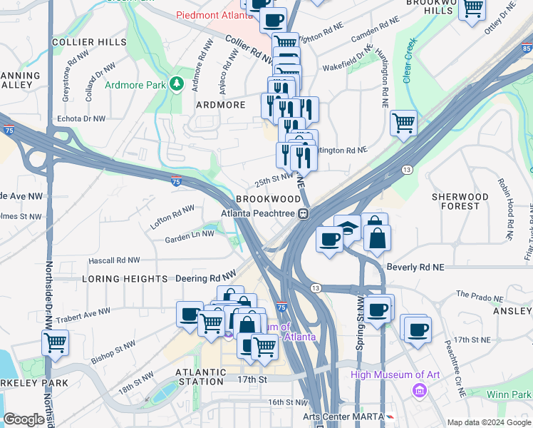 map of restaurants, bars, coffee shops, grocery stores, and more near 28 Standish Avenue Northwest in Atlanta