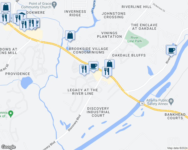 map of restaurants, bars, coffee shops, grocery stores, and more near 6116 Holly Park Lane Southeast in Mableton
