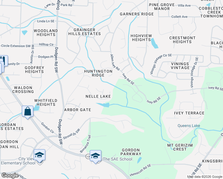 map of restaurants, bars, coffee shops, grocery stores, and more near 114 Nellie Brook Drive Southwest in Mableton