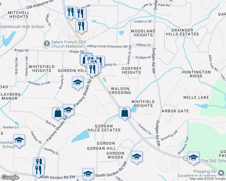 map of restaurants, bars, coffee shops, grocery stores, and more near in Mableton