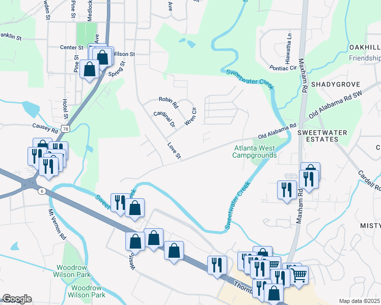 map of restaurants, bars, coffee shops, grocery stores, and more near 6276 Love Street in Austell