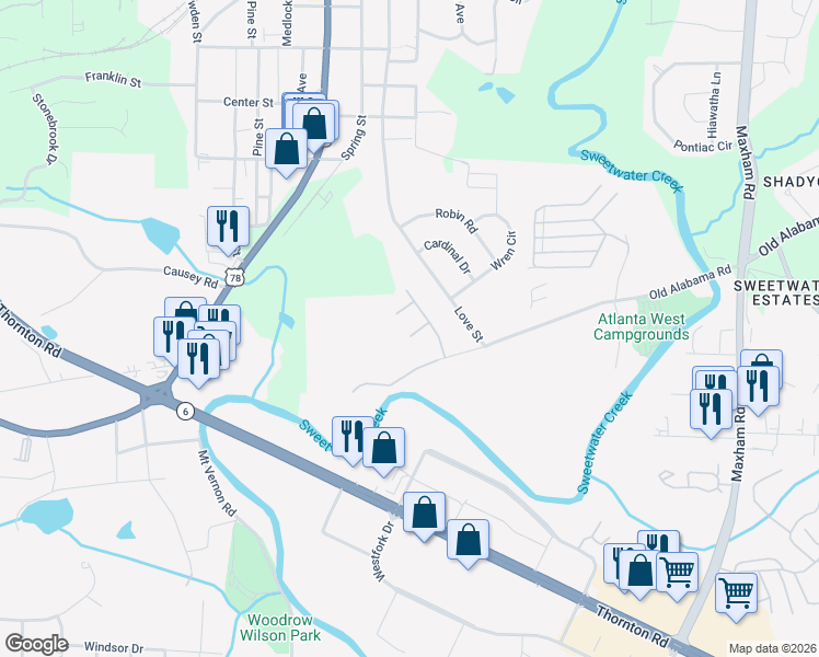map of restaurants, bars, coffee shops, grocery stores, and more near 1792 Gold Finch Way in Austell