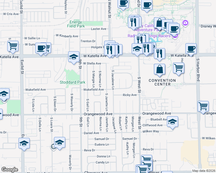 map of restaurants, bars, coffee shops, grocery stores, and more near 1926 South Janette Lane in Anaheim