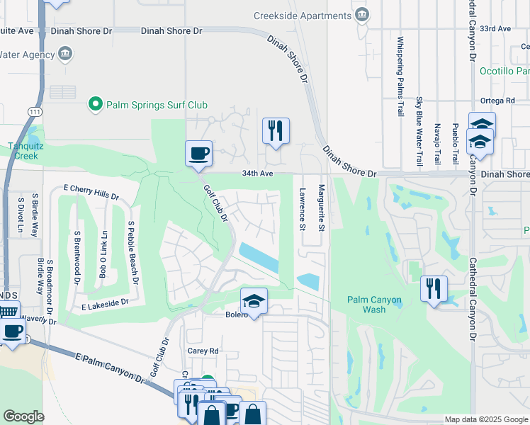 map of restaurants, bars, coffee shops, grocery stores, and more near 6105 Montecito Drive in Palm Springs