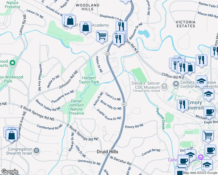 map of restaurants, bars, coffee shops, grocery stores, and more near 1653 Anita Place Northeast in Atlanta