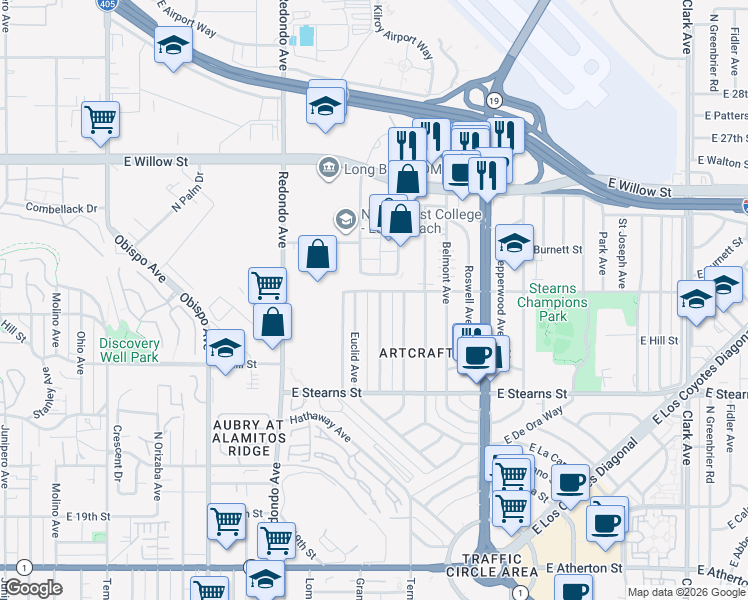 map of restaurants, bars, coffee shops, grocery stores, and more near in Long Beach