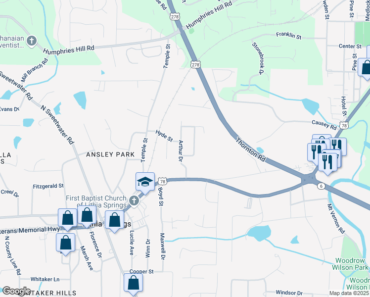 map of restaurants, bars, coffee shops, grocery stores, and more near 6382 Arthur Drive in Lithia Springs