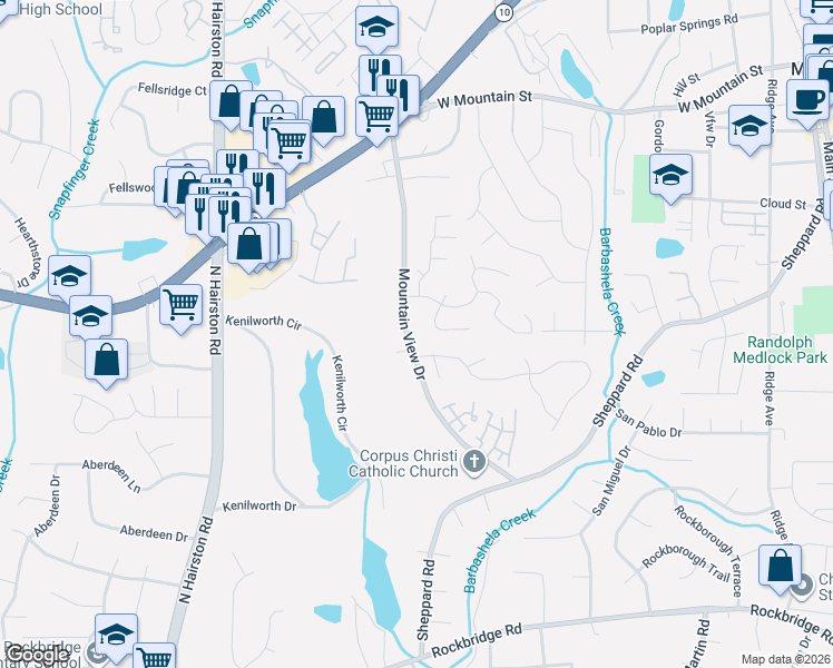 map of restaurants, bars, coffee shops, grocery stores, and more near 761 Mountain View Drive in Stone Mountain