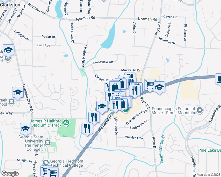 map of restaurants, bars, coffee shops, grocery stores, and more near 6920 Baynes Court in Clarkston