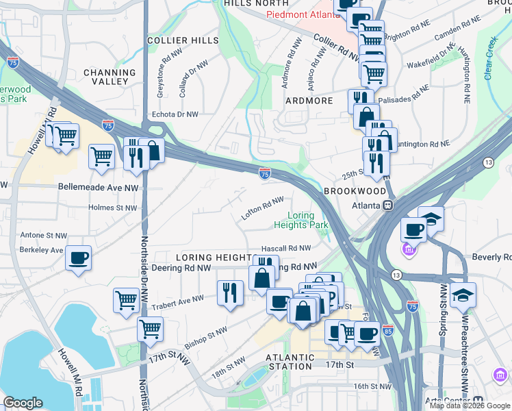 map of restaurants, bars, coffee shops, grocery stores, and more near 385 Lofton Road Northwest in Atlanta