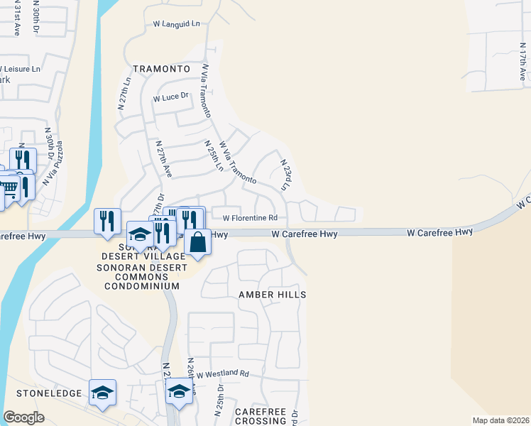 map of restaurants, bars, coffee shops, grocery stores, and more near 2410 West Florentine Road in Phoenix