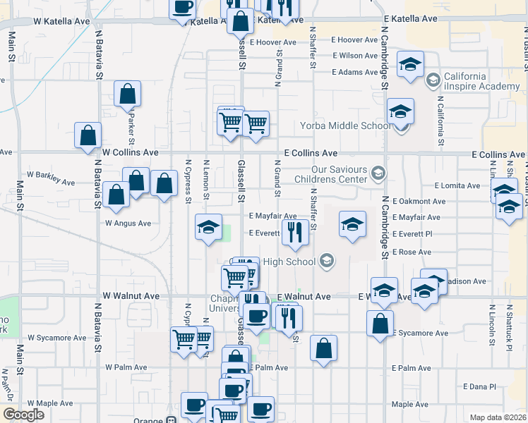 map of restaurants, bars, coffee shops, grocery stores, and more near 201 East Mayfair Avenue in Orange