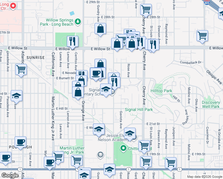 map of restaurants, bars, coffee shops, grocery stores, and more near 1509 23rd Street in Signal Hill