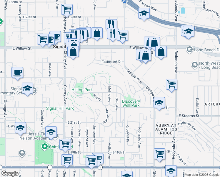 map of restaurants, bars, coffee shops, grocery stores, and more near 23522354 Molino Avenue in Signal Hill