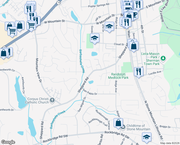 map of restaurants, bars, coffee shops, grocery stores, and more near 798 Sheppard Road in Stone Mountain