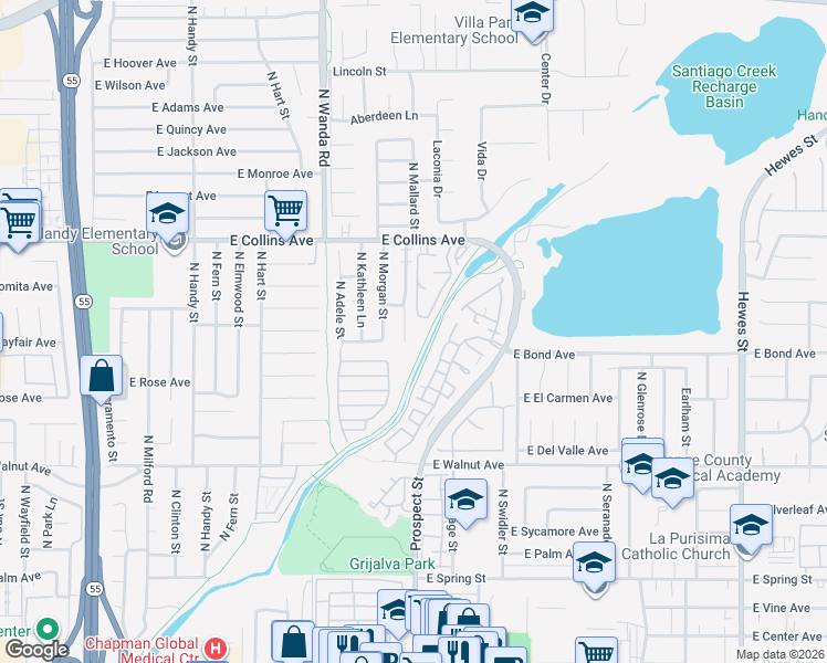 map of restaurants, bars, coffee shops, grocery stores, and more near 741 North Mallard Street in Orange
