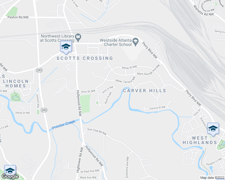 map of restaurants, bars, coffee shops, grocery stores, and more near 2643 Abner Place Northwest in Atlanta