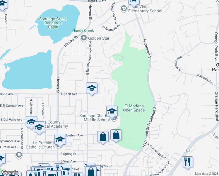 map of restaurants, bars, coffee shops, grocery stores, and more near 730 East Murrietta Place in Orange