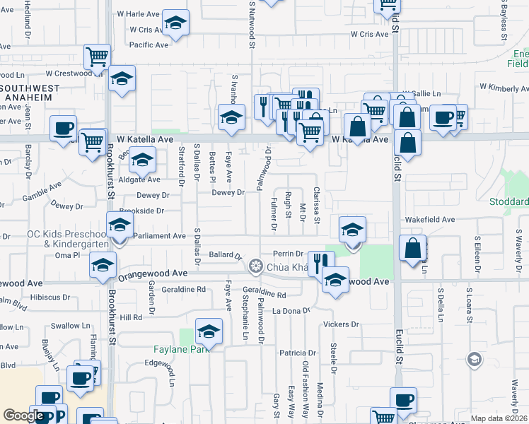 map of restaurants, bars, coffee shops, grocery stores, and more near 11242 Palmwood Drive in Garden Grove