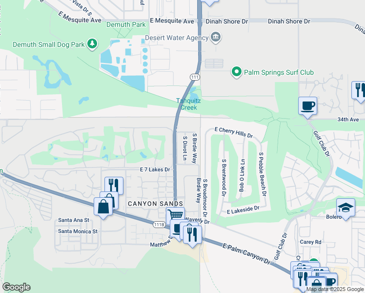map of restaurants, bars, coffee shops, grocery stores, and more near 1987 South Divot Lane in Palm Springs