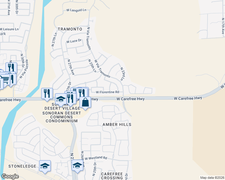 map of restaurants, bars, coffee shops, grocery stores, and more near 2410 West Florentine Road in Phoenix
