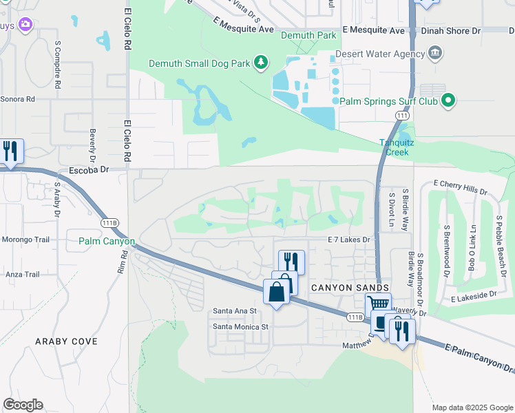 map of restaurants, bars, coffee shops, grocery stores, and more near 101 Westlake Circle in Palm Springs