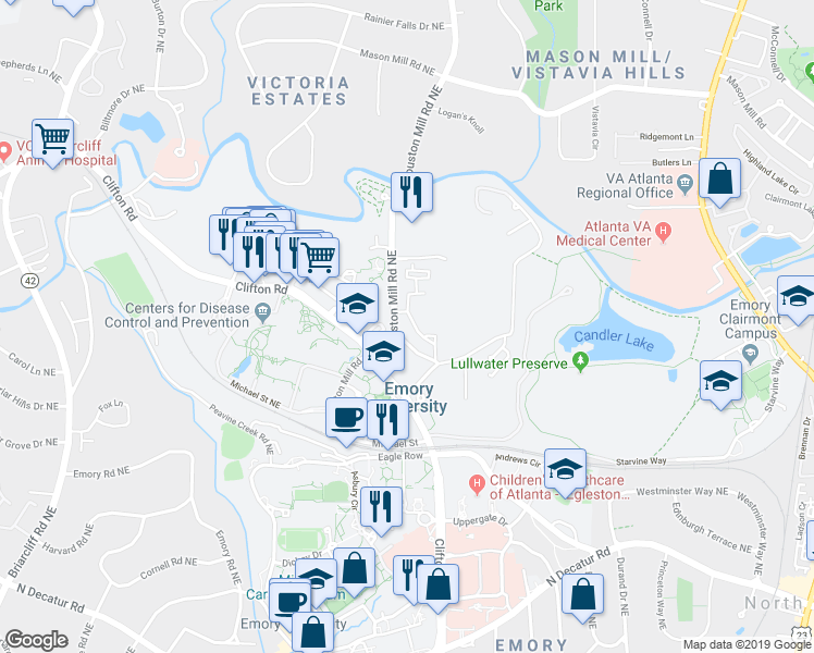 map of restaurants, bars, coffee shops, grocery stores, and more near 789 Houston Mill Road Northeast in Atlanta
