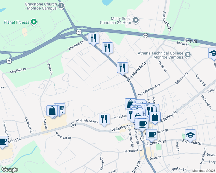map of restaurants, bars, coffee shops, grocery stores, and more near 136 West Marable Street in Monroe