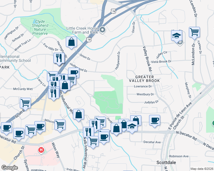 map of restaurants, bars, coffee shops, grocery stores, and more near 2834 Lincoln Drive in Decatur