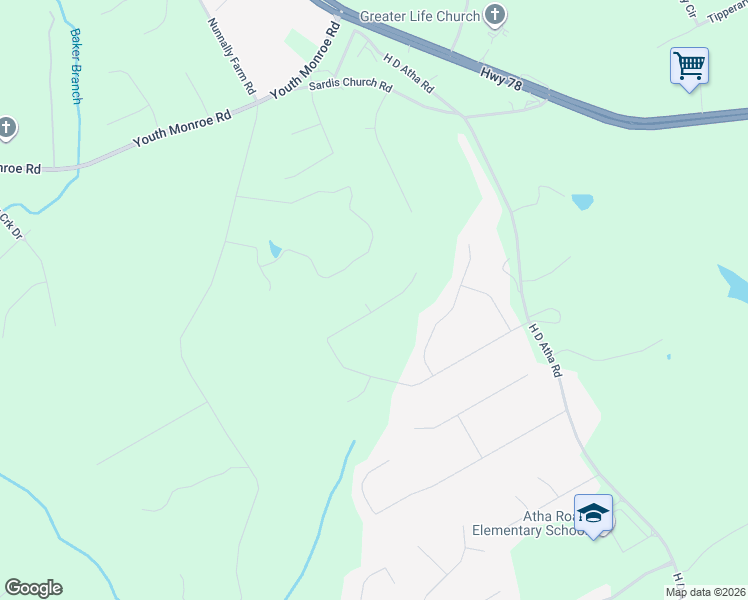 map of restaurants, bars, coffee shops, grocery stores, and more near 1076 Monticello Drive in Monroe