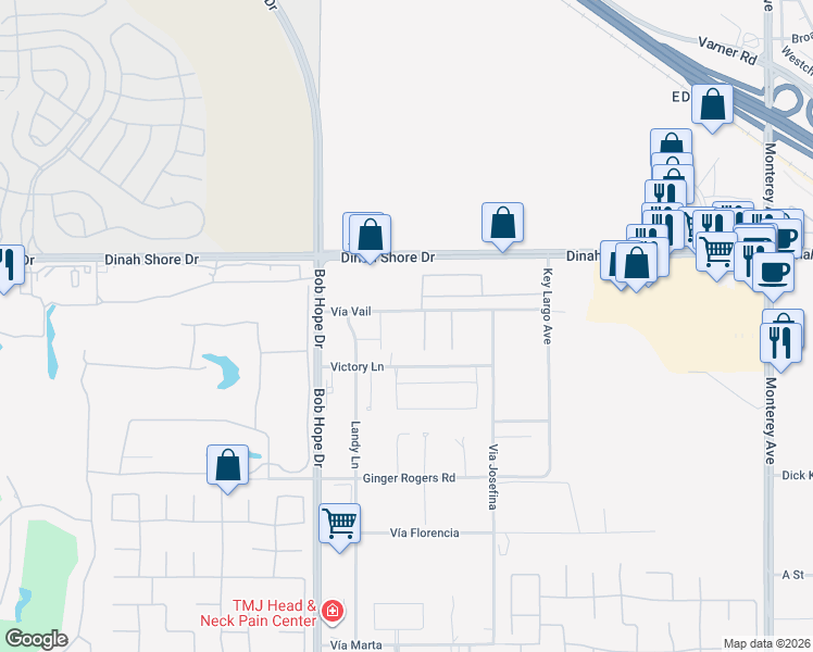 map of restaurants, bars, coffee shops, grocery stores, and more near 72125 Vía Vail in Rancho Mirage