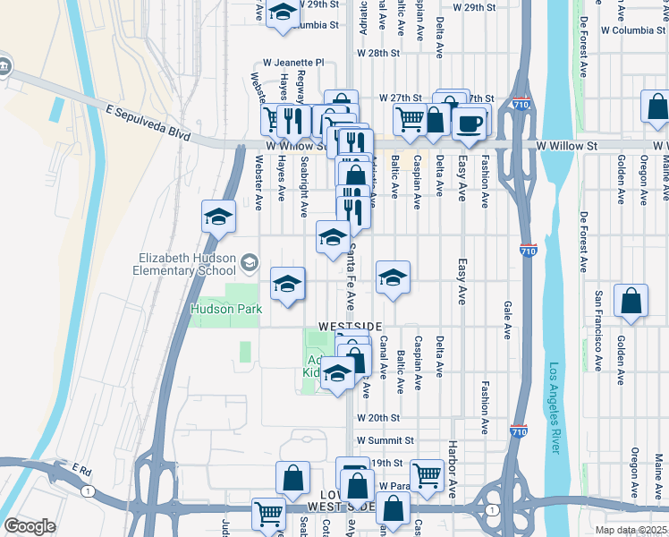 map of restaurants, bars, coffee shops, grocery stores, and more near 2320 Cota Ave in Long Beach